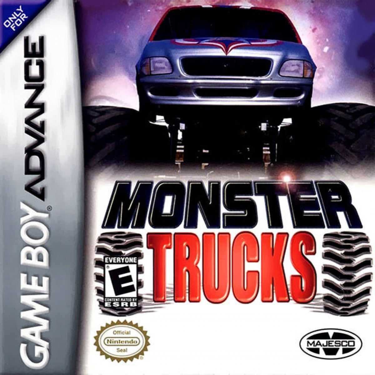 Monster Trucks Game Boy Advance GBA racing video game featuring powerful monster trucks off-road racing high-speed driving challenging tracks vehicle stunts crashes jumps and classic Game Boy Advance GBA gameplay collectible retro gaming appeal front cover art