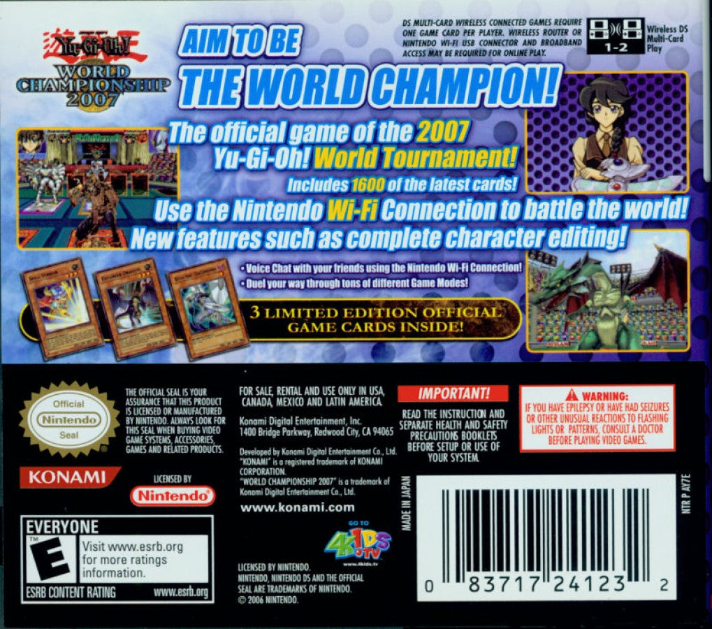 Yu-Gi-Oh! World Championship 2007 Nintendo DS video game, trading card strategy, turn-based dueling, handheld console title back cover