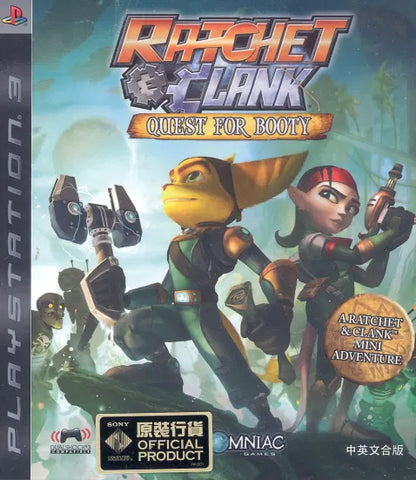 Ratchet and Clank Quest for Booty PS3 game featuring action platforming gameplay, space adventure storytelling, and classic Ratchet and Clank humor cover