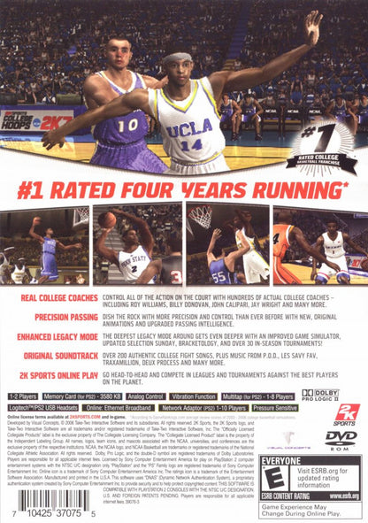 College Hoops 2K7 game for the PlayStation 2 featuring college basketball gameplay with authentic teams and arenas legacy mode dynasty building and realistic court action for NCAA fans back cover 