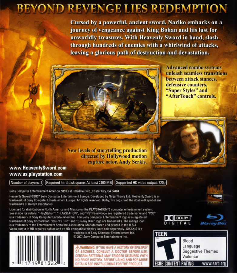 Heavenly Sword back cover art for PlayStation 3 (PS3) video game