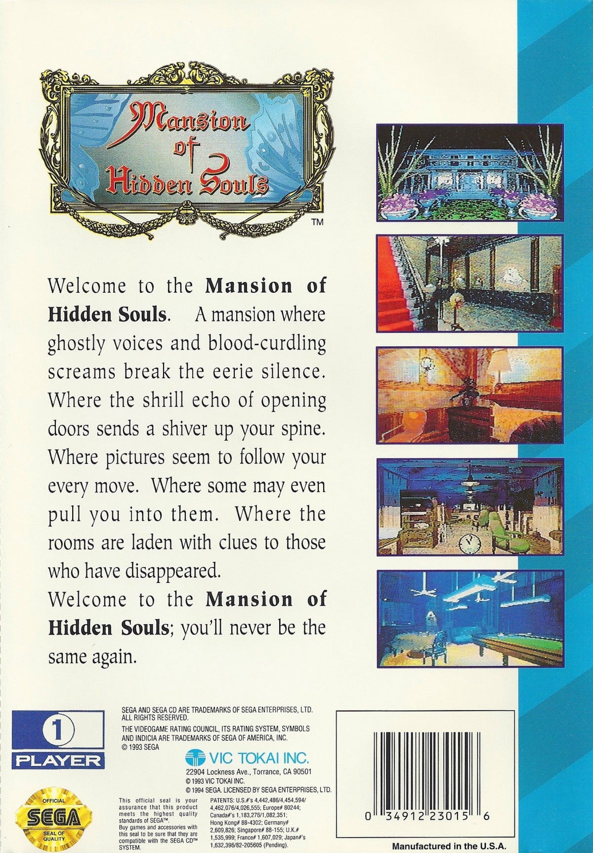 Mansion of Hidden Souls Sega CD first person adventure FMV style horror mystery game point and click exploration haunted mansion puzzle solving ghost story atmospheric CD based interactive movie gameplay retro gaming Sega CD software video game title back cover art