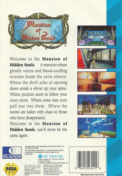 Mansion of Hidden Souls Sega CD first person adventure FMV style horror mystery game point and click exploration haunted mansion puzzle solving ghost story atmospheric CD based interactive movie gameplay retro gaming Sega CD software video game title back cover art