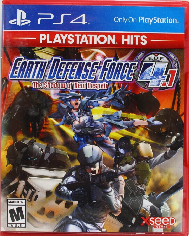 Retro Earth Defense Force 4 1 The Shadow of New Despair PlayStation Hits PS4 inspired design featuring massive alien invasion warfare aesthetic futuristic military action giant insects explosive sci fi battles squad based combat chaotic destruction nostalgic arcade shooter presentation front cover