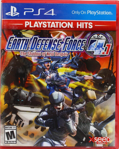Retro Earth Defense Force 4 1 The Shadow of New Despair PlayStation Hits PS4 inspired design featuring massive alien invasion warfare aesthetic futuristic military action giant insects explosive sci fi battles squad based combat chaotic destruction nostalgic arcade shooter presentation front cover