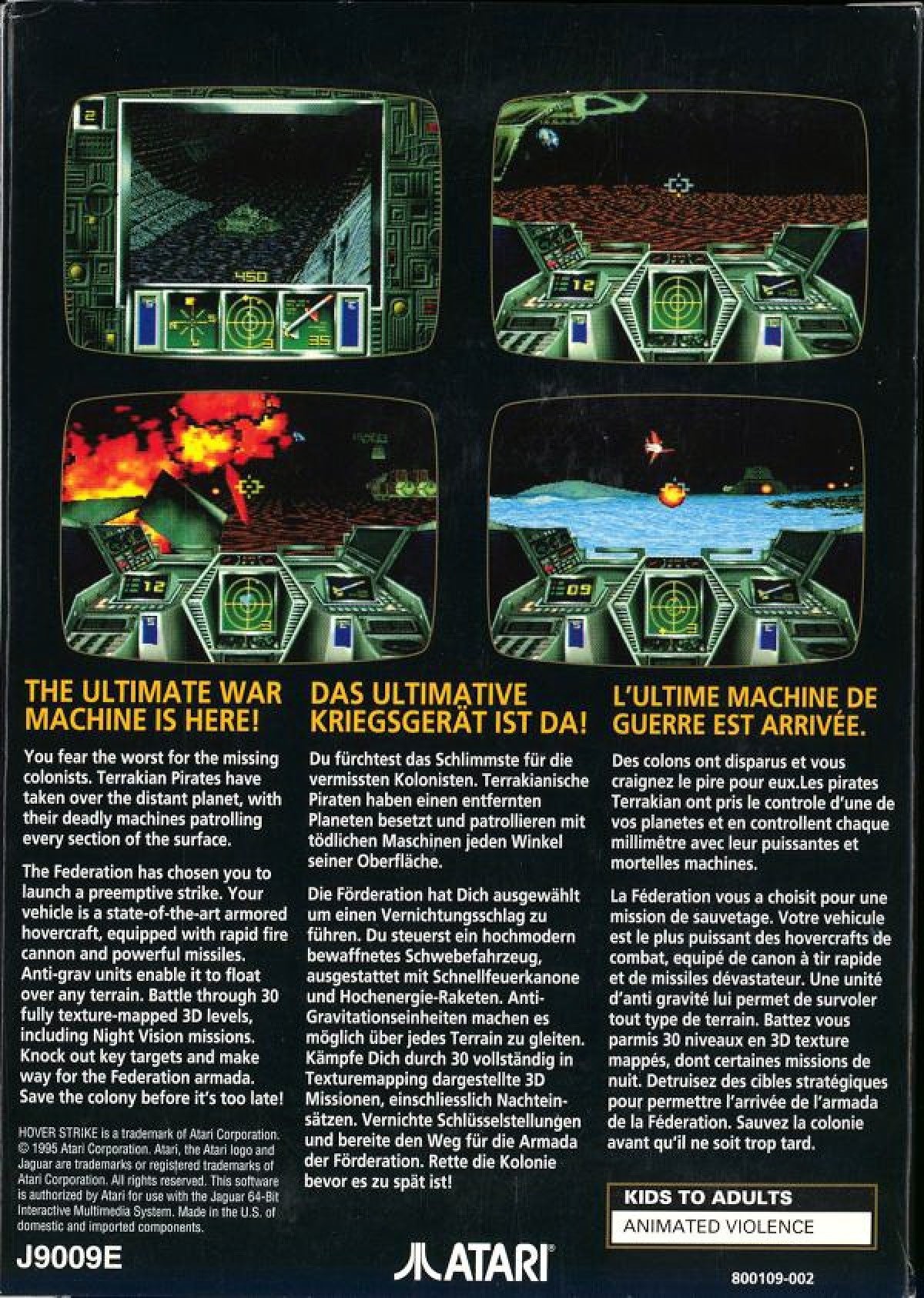 Hover Strike Atari Jaguar CD Hover Strike sci fi hovercraft combat shooter 3D vehicle combat missions futuristic battlefield action retro Jaguar CD game back cover art 