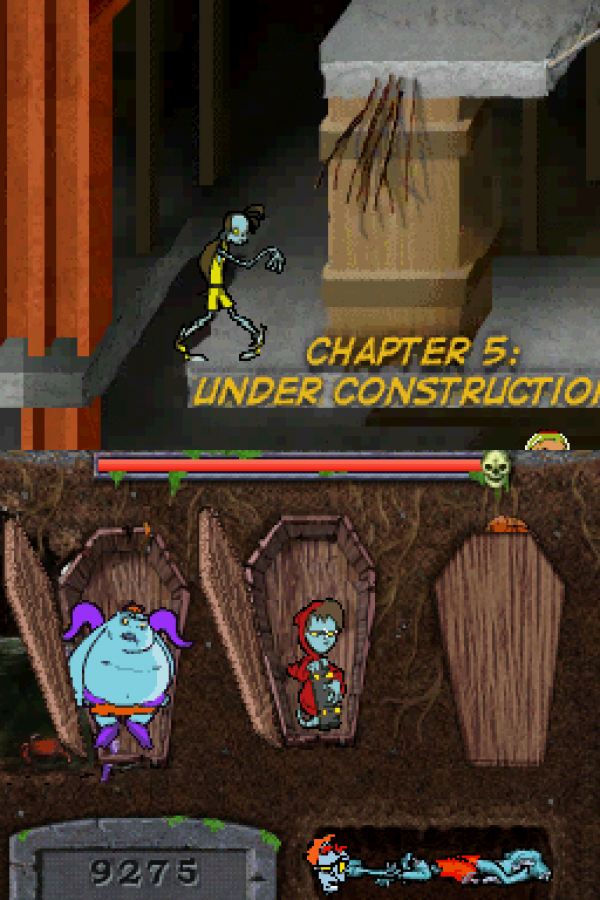 Teenage Zombies Nintendo DS side scrolling action platformer featuring undead teen heroes puzzle solving levels stylus based controls comic book art style quirky humor and sci fi storyline adventure gameplay