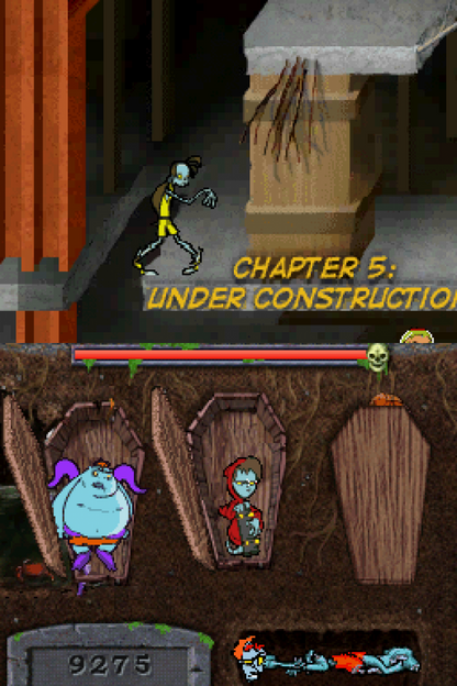 Teenage Zombies Nintendo DS side scrolling action platformer featuring undead teen heroes puzzle solving levels stylus based controls comic book art style quirky humor and sci fi storyline adventure gameplay