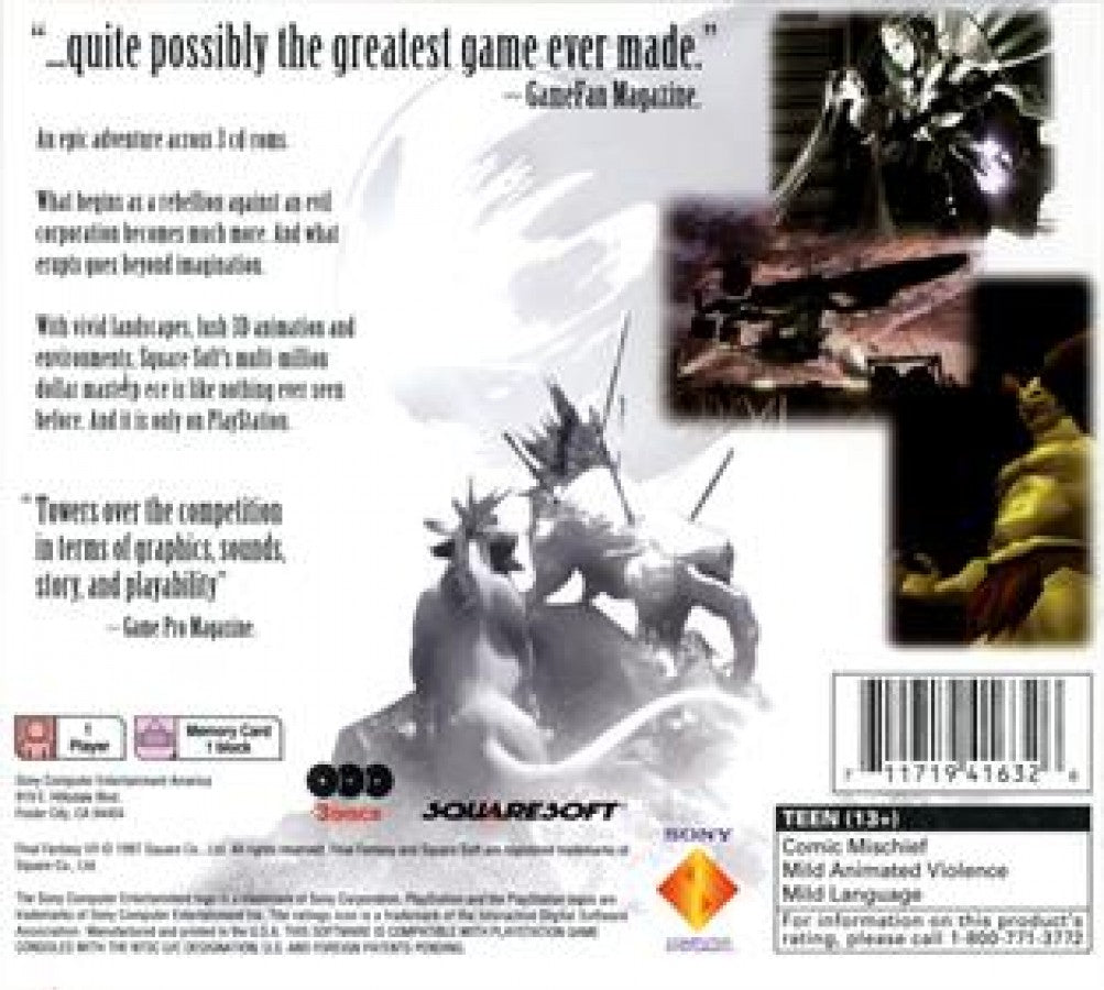 Final Fantasy VII back of case for PlayStation 1 (PS1) retro video game
