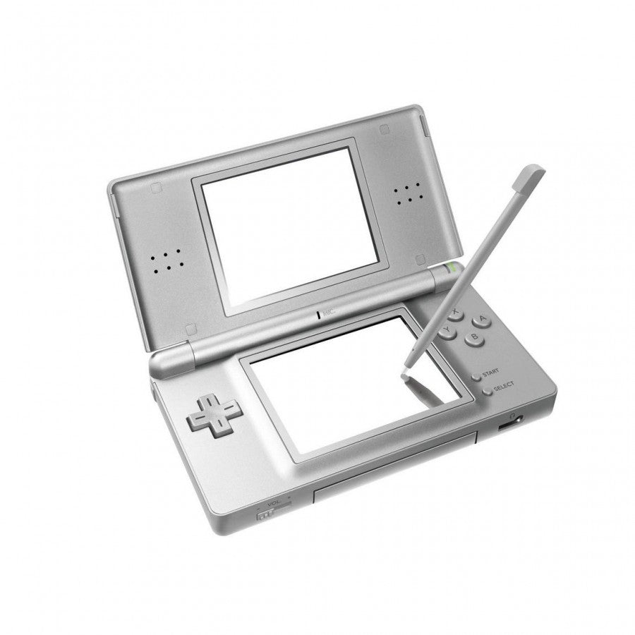 Retro silver Nintendo DS Lite system inspired design featuring sleek dual screen handheld gaming console aesthetic metallic silver finish foldable clamshell design touch screen controls iconic Nintendo portable hardware retro gaming nostalgia presentation angle open stylus 