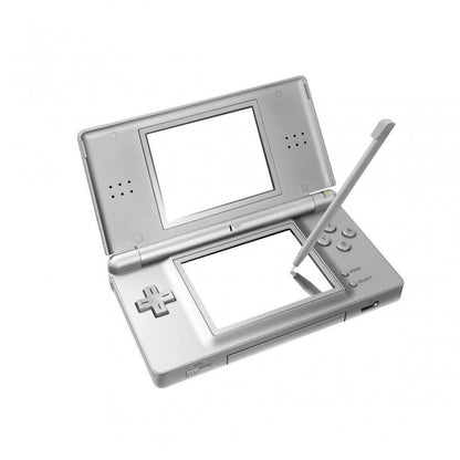 Retro silver Nintendo DS Lite system inspired design featuring sleek dual screen handheld gaming console aesthetic metallic silver finish foldable clamshell design touch screen controls iconic Nintendo portable hardware retro gaming nostalgia presentation angle open stylus 