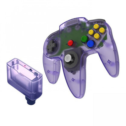 N64 Wireless 2.4GHz Controller for Nintendo 64 N64 Atomic Purple accessory featuring wireless 2.4GHz connectivity classic three prong controller design analog stick directional pad responsive buttons ergonomic grip translucent purple styling and compatibility with supported Nintendo 64 games replacement gaming controller and retro gaming accessory appeal