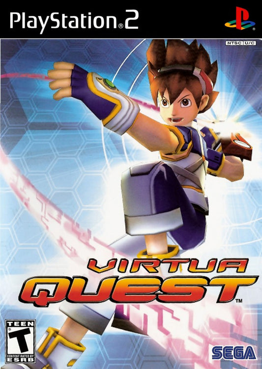 Virtua Quest PlayStation 2 PS2 for action adventure video game fans featuring hack and slash combat futuristic virtual world exploration action role playing gameplay character upgrades challenging enemies Sega arcade inspired adventure immersive storytelling collectible gaming appeal front cover art