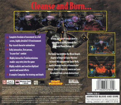 Space Hulk PlayStation PS1 for tactical strategy video game fans featuring Warhammer 40,000 sci fi combat Space Marine squads Genestealer enemies tactical missions resource management first person action dark industrial environments intense battlefield strategy collectible gaming appeal back cover art