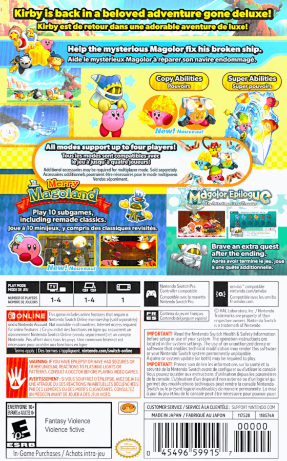 Kirbys Return to Dream Land Deluxe back of box for Nintendo Switch NS video game