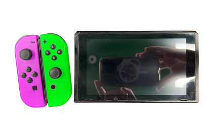 Nintendo Switch System NS with Dock Green and Purple Joy Cons Scratch and Scuff Condition Nintendo hybrid gaming console handheld and TV play modes detachable Joy Con controllers touchscreen display multiplayer gaming dock included colorful controller design used Nintendo gaming system console hardware collectible gaming setup appeal
console ad controller