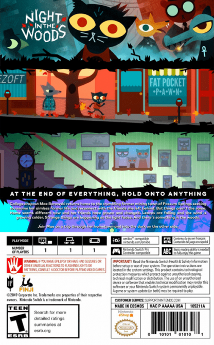 Night in the Woods back of box for Nintendo Switch (NS) indie video game