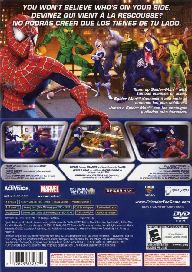 Spider-Man Friend or Foe PlayStation 2 PS2 for action adventure video game fans featuring Marvel superhero gameplay web swinging combat missions iconic Spider-Man villains cooperative multiplayer team battles character abilities colorful comic book inspired visuals collectible gaming appeal front cover back cover 