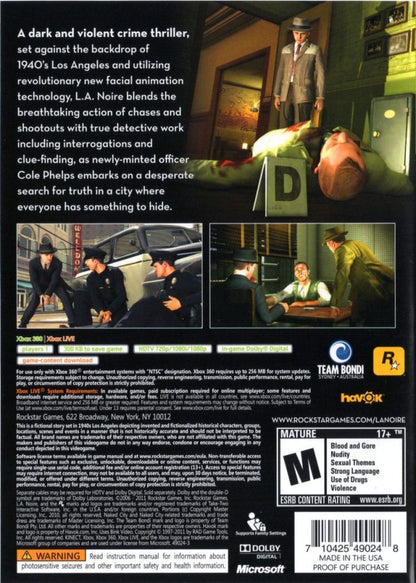 L.A. Noire Xbox 360 video game, detective action adventure, crime investigation gameplay, open-world 1940s setting, console title back cover