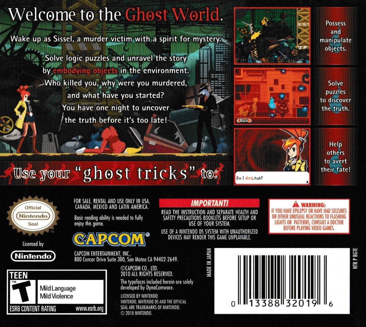 Ghost Trick Phantom Detective Nintendo DS video game, puzzle adventure, mystery storytelling, stylized visuals, handheld console title back cover art