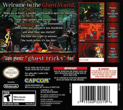 Ghost Trick Phantom Detective Nintendo DS video game, puzzle adventure, mystery storytelling, stylized visuals, handheld console title back cover art