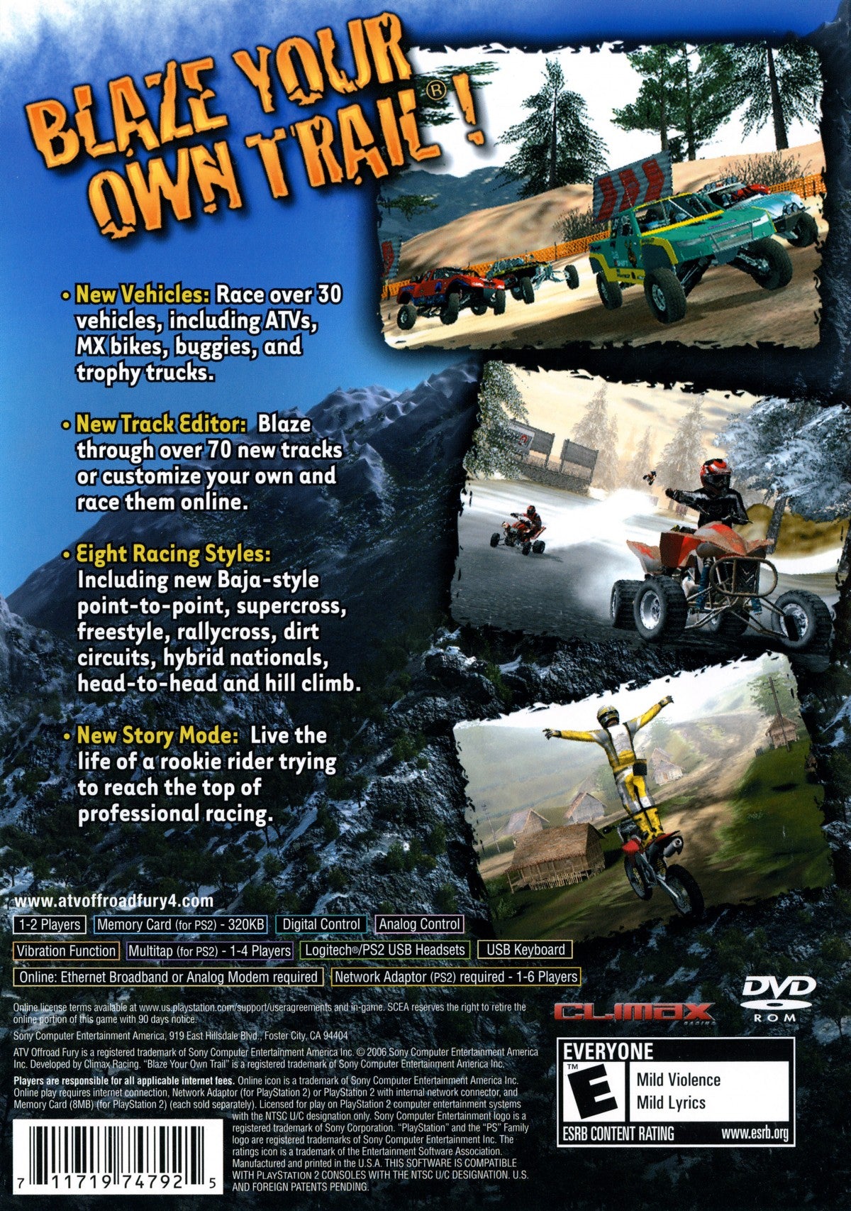 ATV Offroad Fury 4 for PlayStation 2 off road racing video game featuring expansive open environments licensed ATVs stunt challenges competitive multiplayer modes and fast paced extreme sports racing experience back cover