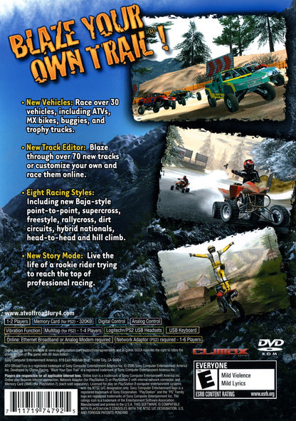ATV Offroad Fury 4 for PlayStation 2 off road racing video game featuring expansive open environments licensed ATVs stunt challenges competitive multiplayer modes and fast paced extreme sports racing experience back cover