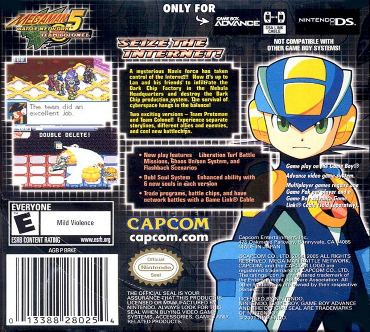 Mega Man Battle Network 5: Team Colonel back cover art for Nintendo Game Boy Advance (GBA) adventure-strategy video game. 