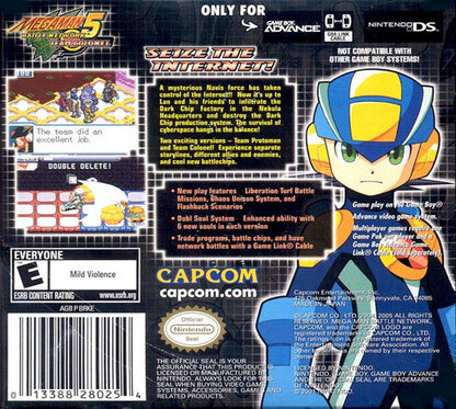Mega Man Battle Network 5: Team Colonel back cover art for Nintendo Game Boy Advance (GBA) adventure-strategy video game. 