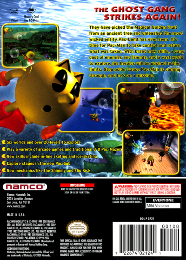 Pac-Man World 2 back of case for Nintendo GameCube (GC) platforming adventure video game