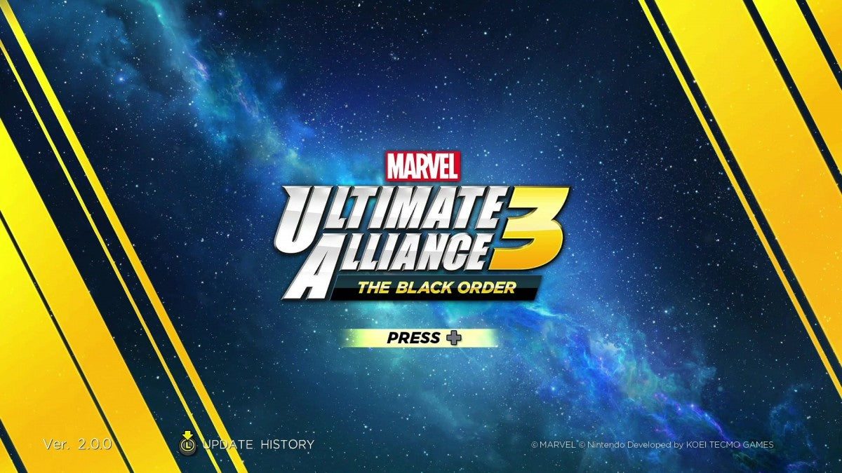 Marvel Ultimate Alliance 3 The Black Order title page for Nintendo Switch action RPG video game