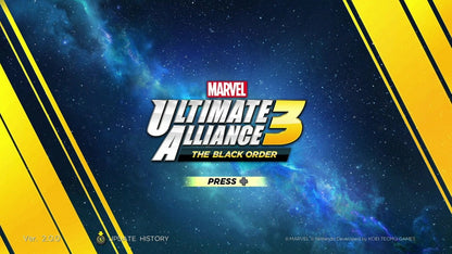Marvel Ultimate Alliance 3 The Black Order title page for Nintendo Switch action RPG video game
