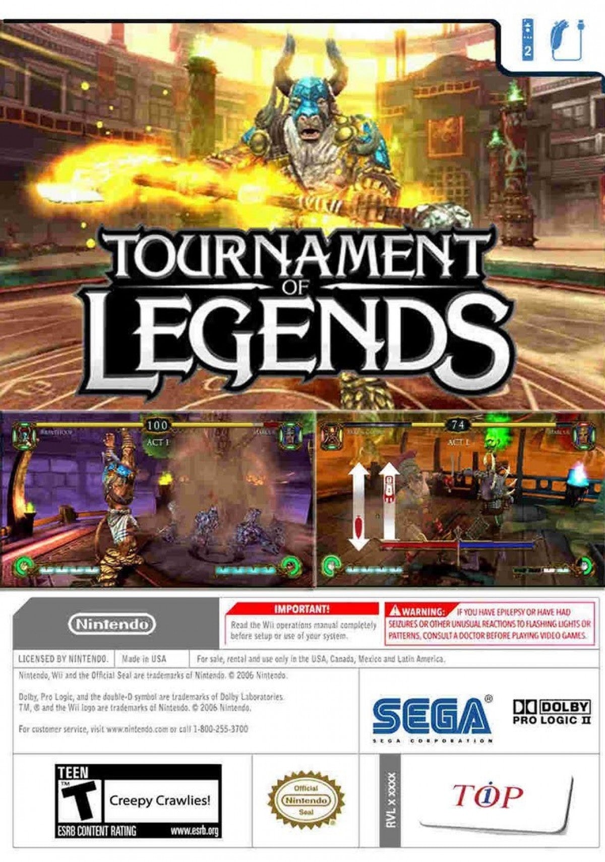 Tournament of Legends back cover art for Nintendo Wii (Wii) featuring mythological 3D arena battles with motion‑controlled weapons, magical attacks, and legendary warriors.