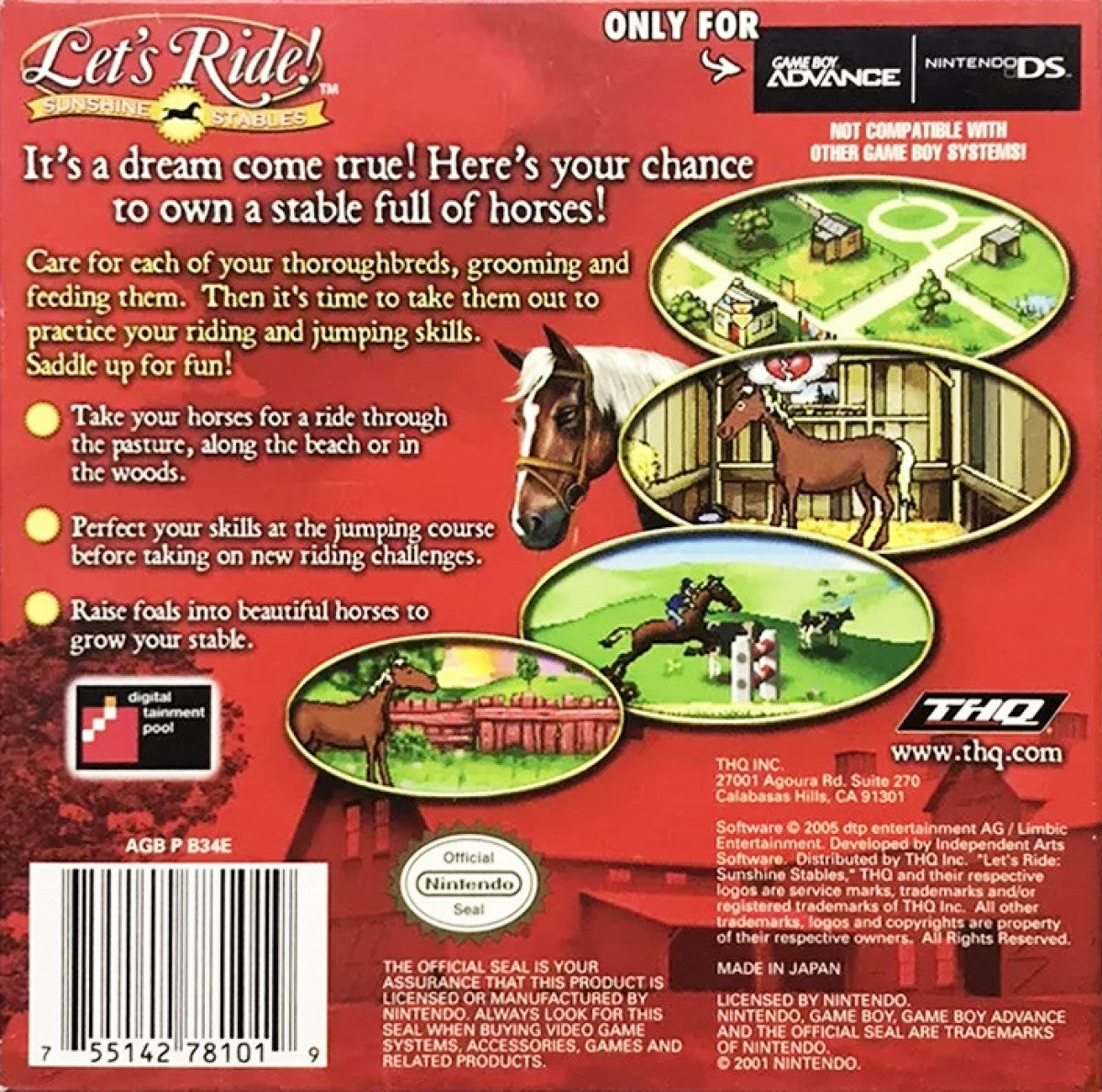 Let’s Ride Sunshine Stables for Game Boy Advance (GBA), back of case for a retro video game featuring horse riding simulation gameplay, stable management, training challenges, and equestrian adventure activities