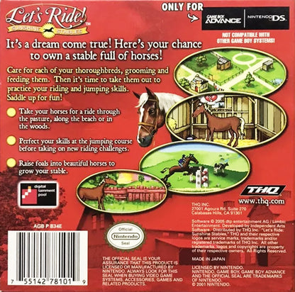 Let’s Ride Sunshine Stables for Game Boy Advance (GBA), back of case for a retro video game featuring horse riding simulation gameplay, stable management, training challenges, and equestrian adventure activities