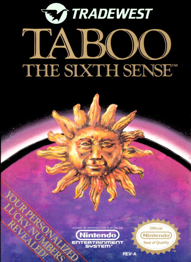 Taboo The Sixth Sense Nintendo Entertainment System NES video game featuring fortune telling gameplay tarot card readings mystical themes horoscope insights zodiac signs spiritual exploration and classic 8 bit presentation retro video game collection collectible gaming appeal front cover art
