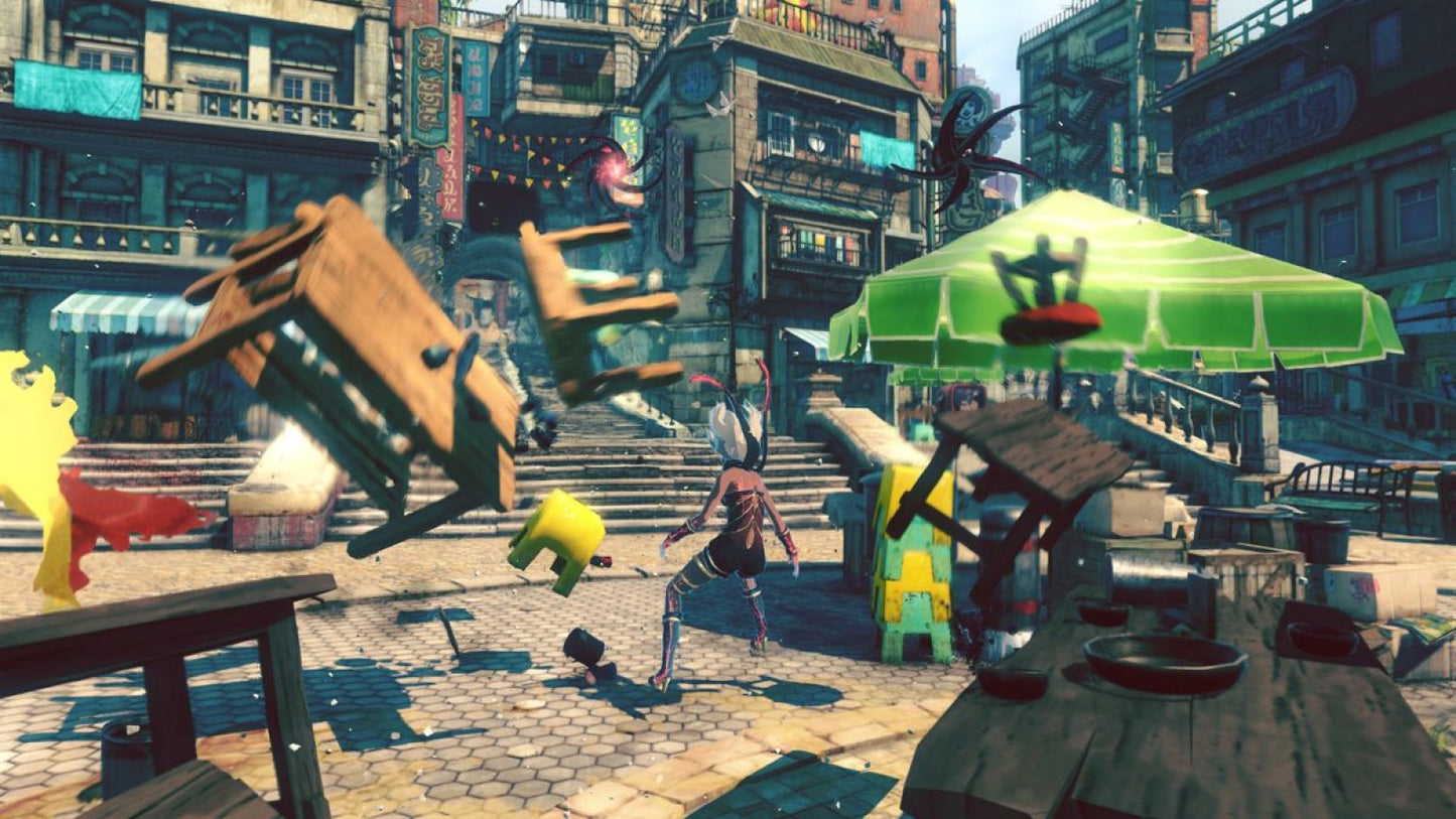 Gravity Rush 2 PlayStation 4 PS4 video game, action adventure, gravity-shifting gameplay, open-world exploration, stylized anime art style gameplay screenshot