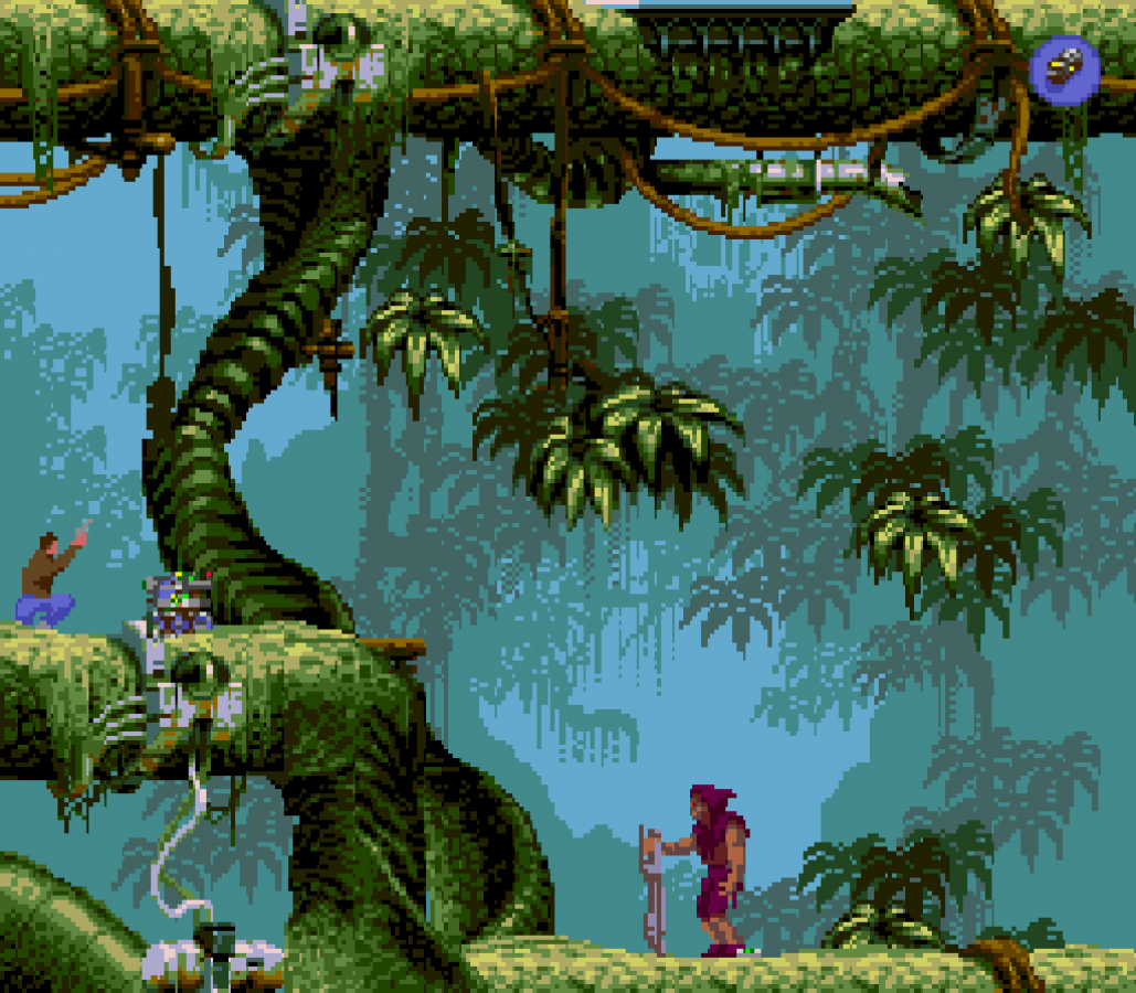 Flashback The Quest for Identity Sega CD cinematic platformer sci fi adventure game rotoscoped animation side scrolling exploration puzzle solving stealth combat amnesia storyline futuristic dystopia Delphine Software retro gaming Sega CD software video game title gameplay