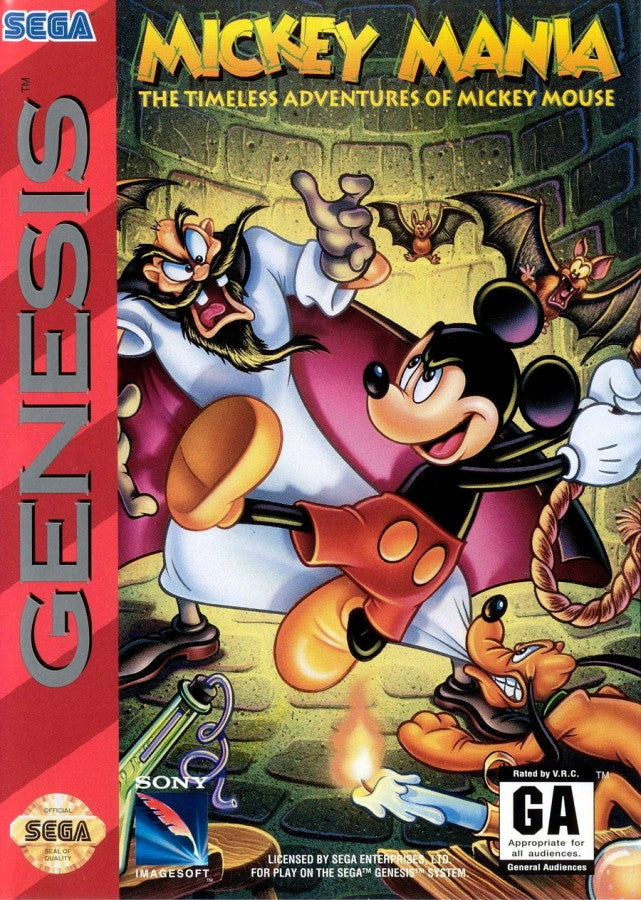 Mickey Mania The Timeless Adventures of Mickey Mouse Sega Genesis video game, action platformer, Disney cartoon-based gameplay, retro console title cover