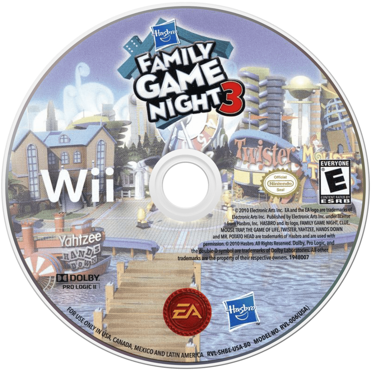 Family Game Night 3 game for the Nintendo Wii featuring digital versions of classic board games like Monopoly Twister and The Game of Life with motion controls multiplayer modes and family friendly party gameplay disc