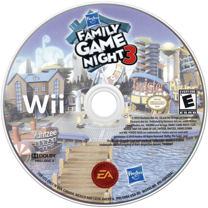 Family Game Night 3 game for the Nintendo Wii featuring digital versions of classic board games like Monopoly Twister and The Game of Life with motion controls multiplayer modes and family friendly party gameplay disc