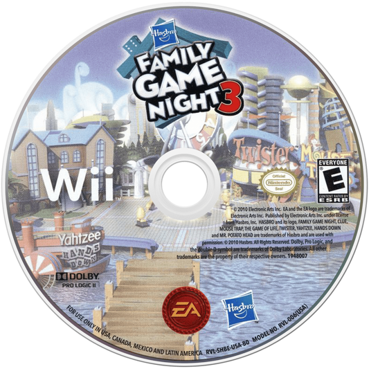 Family Game Night 3 game for the Nintendo Wii featuring digital versions of classic board games like Monopoly Twister and The Game of Life with motion controls multiplayer modes and family friendly party gameplay disc