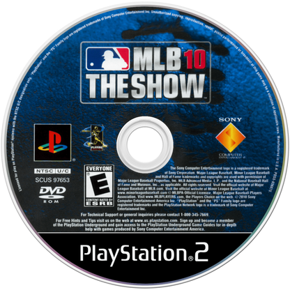 MLB 10: The Show disc art for PlayStation 2 (PS2) featuring authentic baseball simulation with real teams, players, and immersive stadium gameplay.