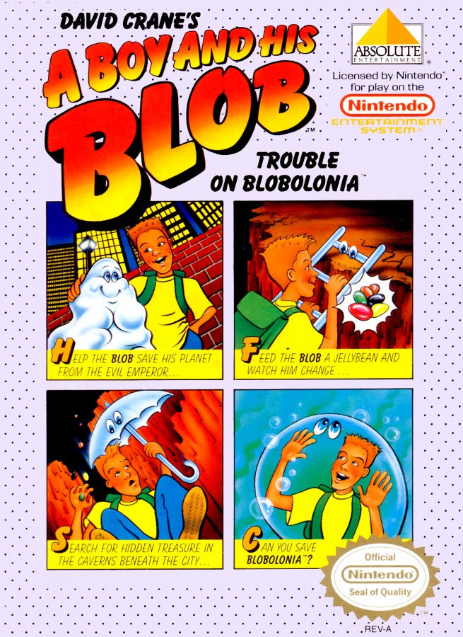 A Boy and His Blob Trouble on Blobolonia retro NES video game A Boy and His Blob puzzle platform adventure exploration cooperative gameplay classic console title Nintendo Entertainment System release cover art