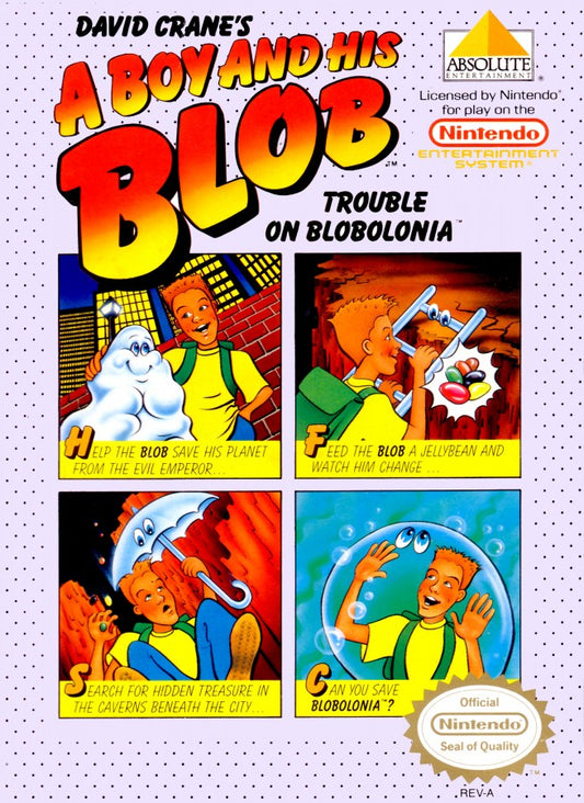 A Boy and His Blob Trouble on Blobolonia retro NES video game A Boy and His Blob puzzle platform adventure exploration cooperative gameplay classic console title Nintendo Entertainment System release cover art