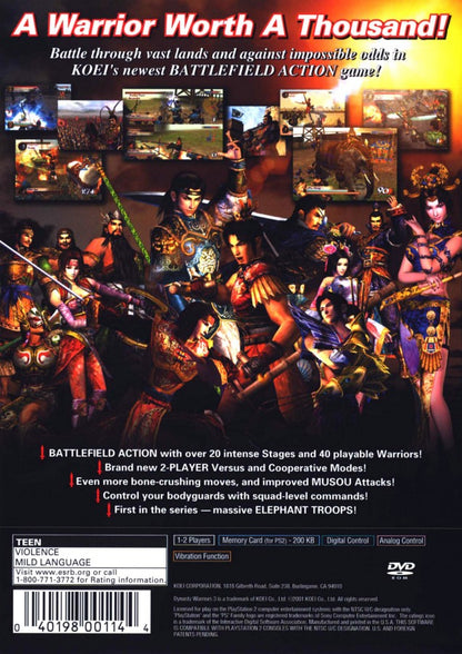 Dynasty Warriors 3 PlayStation 2 PS2 video game featuring hack and slash action gameplay Three Kingdoms historical warfare Chinese warriors legendary generals massive battlefield combat weapon attacks special Musou moves enemy armies strategic battles and classic PlayStation 2 action gameplay retro video game collection collectible gaming appeal back cover art