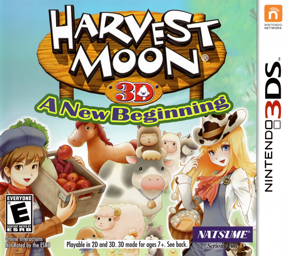 Harvest Moon A New Beginning Nintendo 3DS video game featuring farming simulation gameplay crop cultivation animal care town building character customization and life simulation adventure Nintendo 3DS handheld gaming retro video game collection collectible gaming appeal front cover art