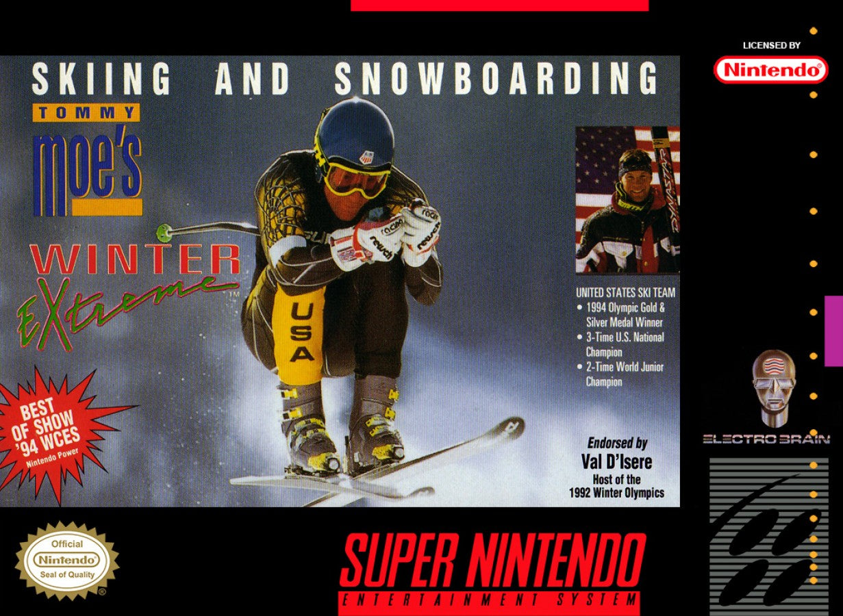 Skiing & Snowboarding Tommy Moe's Winter Extreme Super Nintendo Entertainment System SNES for winter sports video game fans featuring downhill skiing snowboarding freestyle events slalom giant slalom mountain courses high speed racing obstacles and classic Super Nintendo gameplay collectible retro gaming appeal front cover art