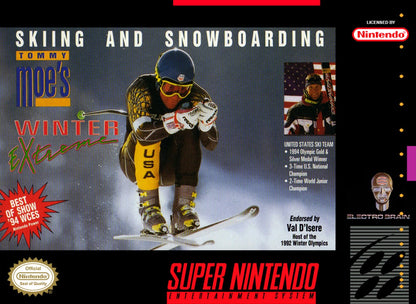 Skiing & Snowboarding Tommy Moe's Winter Extreme Super Nintendo Entertainment System SNES for winter sports video game fans featuring downhill skiing snowboarding freestyle events slalom giant slalom mountain courses high speed racing obstacles and classic Super Nintendo gameplay collectible retro gaming appeal front cover art