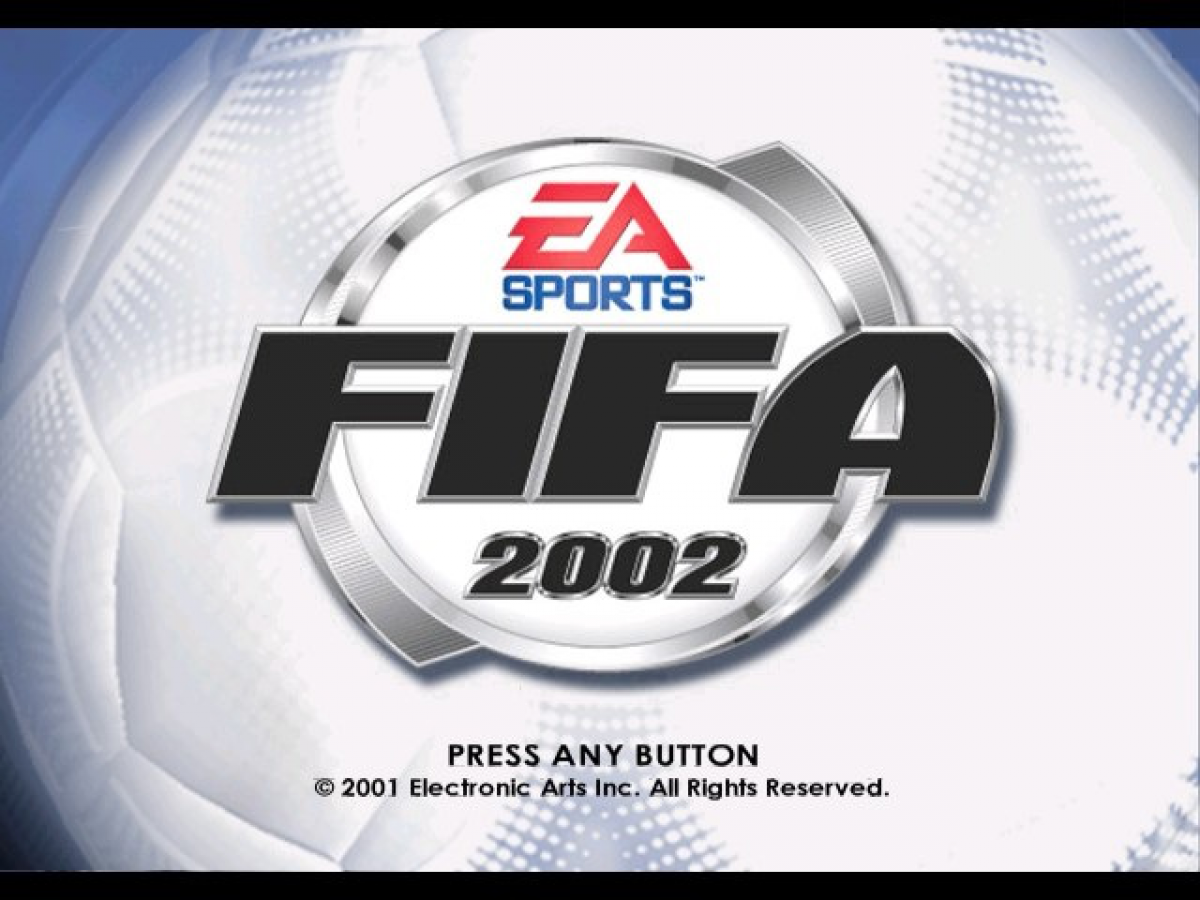 FIFA Soccer 2002 start screen for GameCube (GC) sports soccer video game
